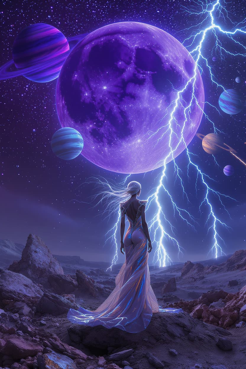 AI generated: a gorgeous out of this world girl standing by the dystopian end of the world landscape, the moon is ...