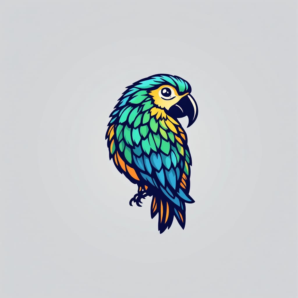AI generated: a stylized, vibrant parrot logo with intricate feathers and a curved beak, prominently situated on a...