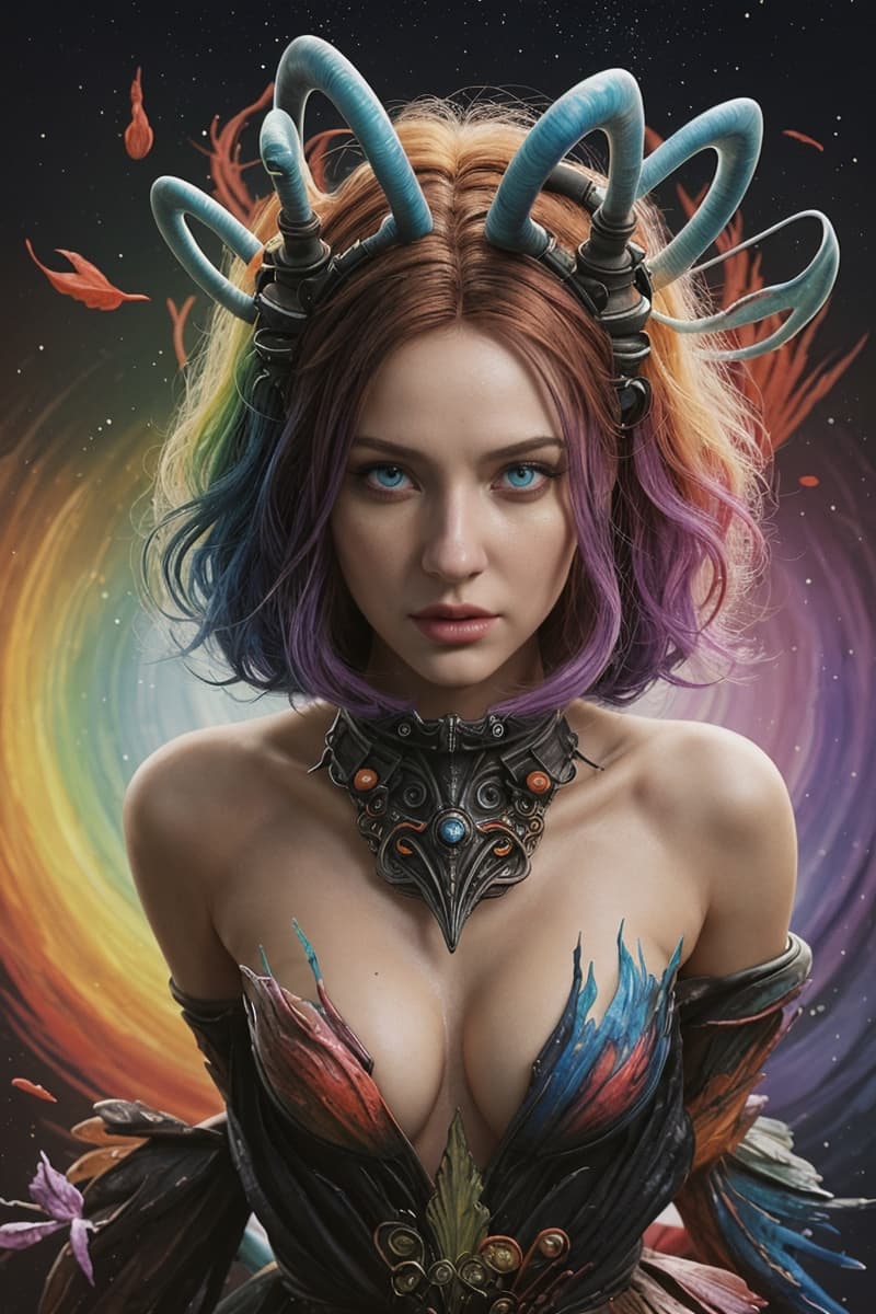 AI generated: In a breathtaking dawn scene, an ethereal being with a cascade of iridescent hair, shimmering in all...