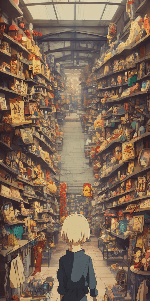 AI generated: store full of curious collectibles :: incredible, anime, Digital 2D, animated by Kyoto Animation, St...