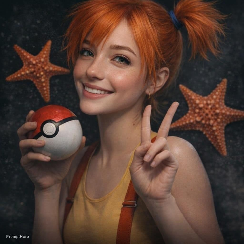 AI generated: A real life photo photo of misty from pkemon. She is smiling (head sligtly tilt, holding a half whit...