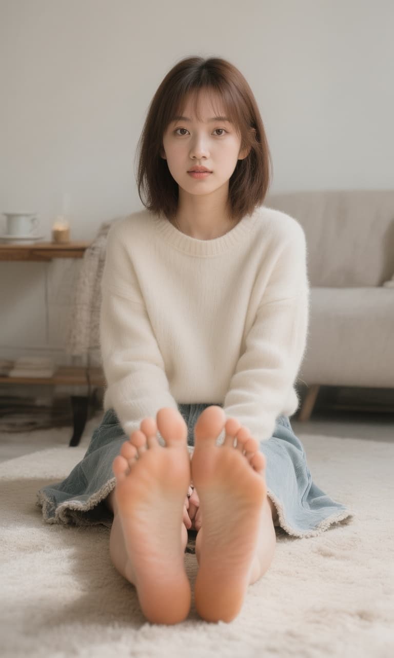 AI generated: Use this girl and make her sitting down with her bare feet and soles showing in front of her