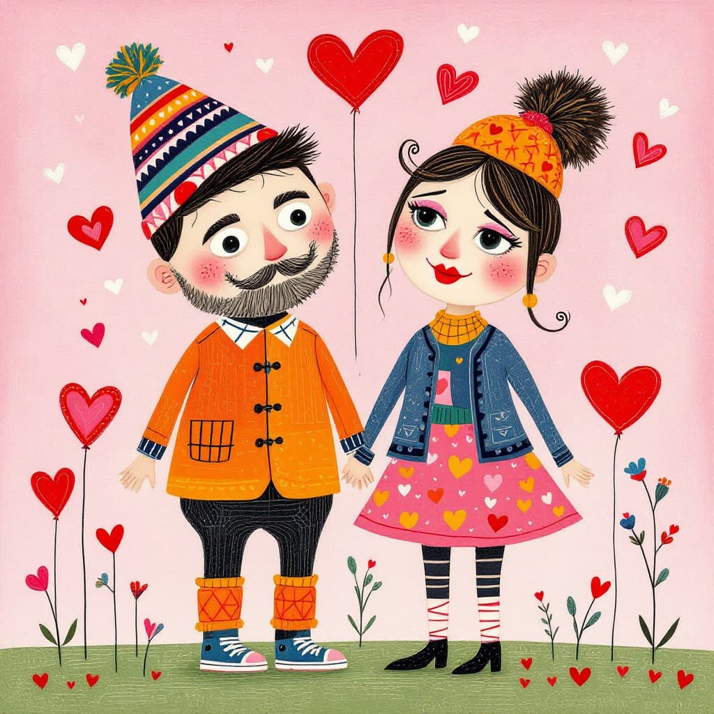 AI generated: #mjbest_valentine A whimsical folk art depiction of a man and woman celebrating Valentine's Day, vib...