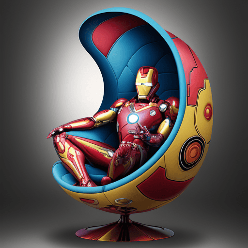 AI generated: product photography, a colorful egg chair with motif Iron man pattern on it, in the style of esteban...