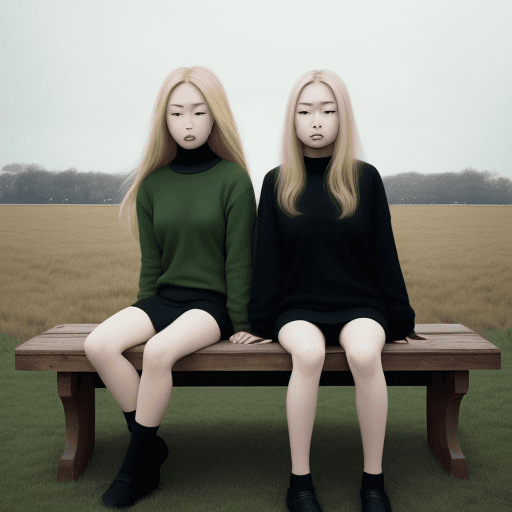 AI generated: a couple of women sitting on top of a wooden bench, inspired by Ren Hang, tumblr, standing in grassy...
