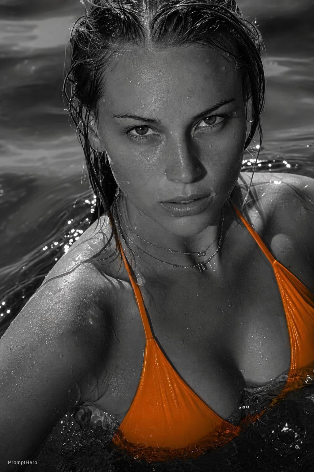 AI generated: photo of a woman in the water, black and white with pops of color, frameless, freya, droplets, magaz...