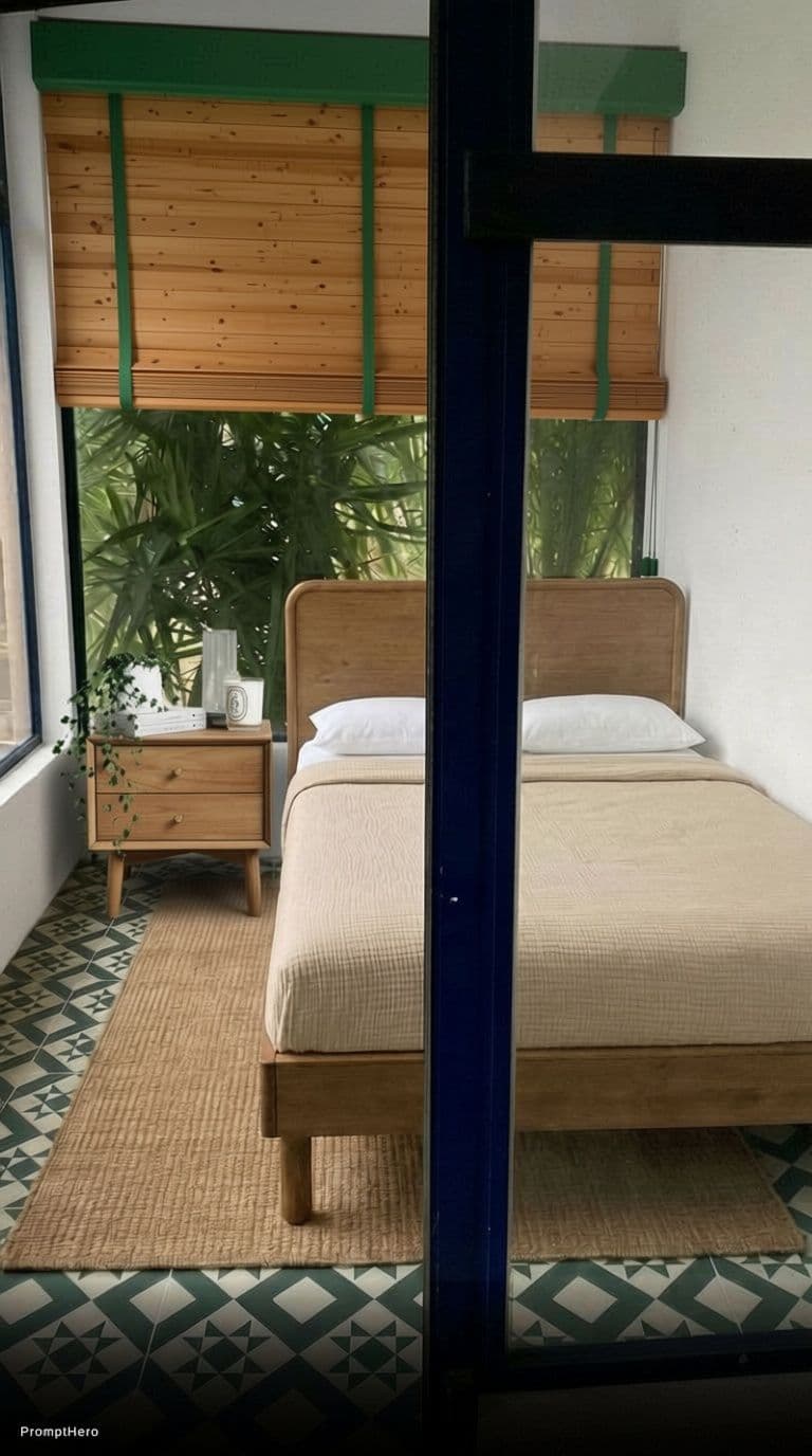 AI generated: add a green roller window wooden shades on the main woindow