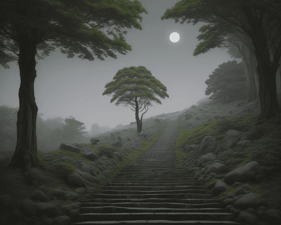 AI generated: rocky hill full of long green trees with stairs going up to the top where there is a wooden cross Vi...