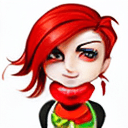 AI generated: a cartoon character with red hair and a scarf around her neck, with a white background and a white b...