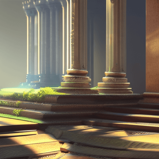 AI generated: Temple in ruins, forest, stairs, columns, cinematic, detailed, atmospheric, epic, concept art, matte...