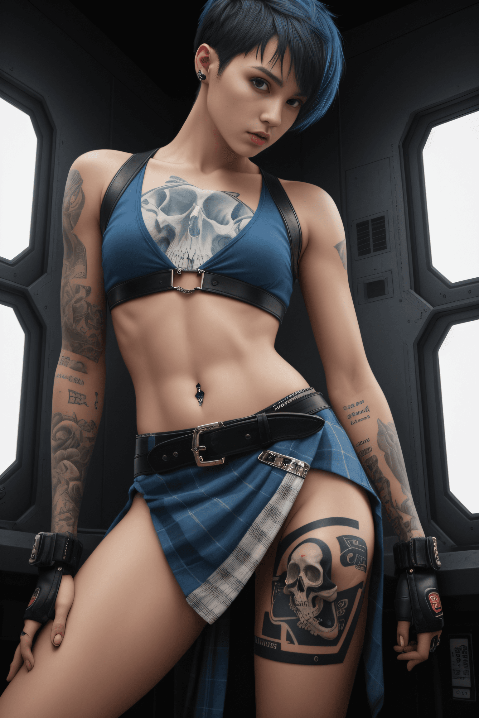 AI generated: photograph, Young, very thin, fighter, tattooed, very beautiful, with deep-blue short hair, with bla...