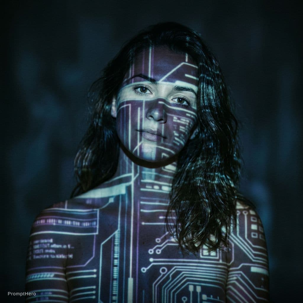 AI generated: face is exactly like reference photo. Photograph of a woman naked, looking straight ahead, slight he...