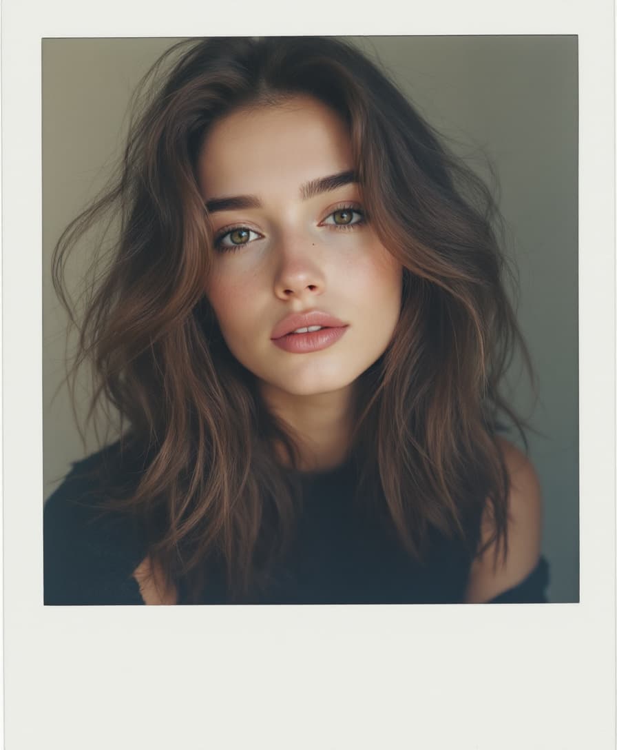 AI generated: Anjelina , 21-28 years old, brown hair, high-quality photo portrait, shot on a Polaroid camera, doub...