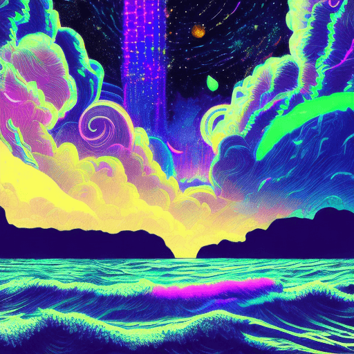 AI generated: neon light art, in the dark of night,  moonlit seas, clouds, moon, stars, colorful, detailed, 4k, ul...
