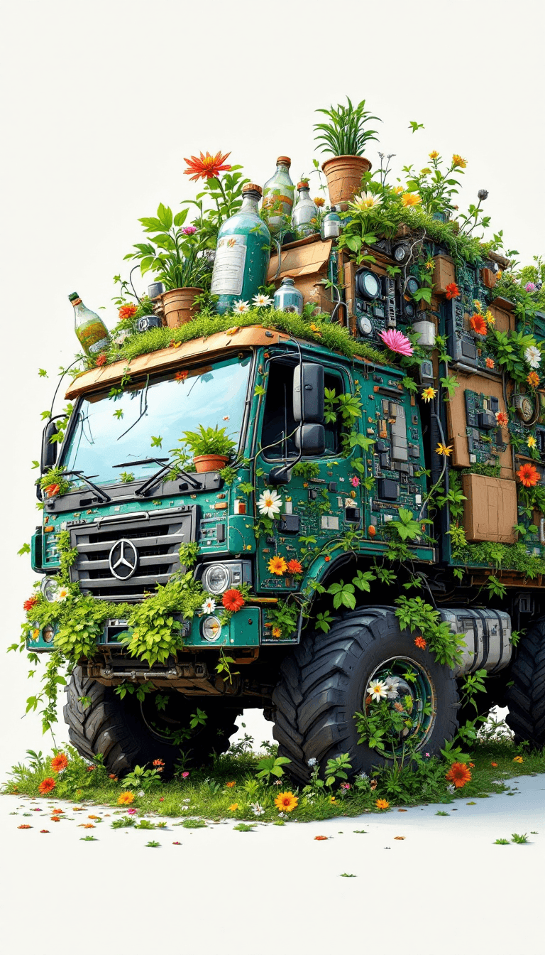 AI generated: A highly realistic digital painting portrays a recycling truck, whose structure is composed of a blo...