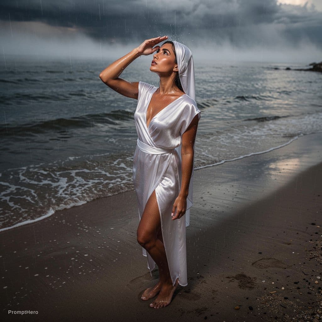 AI generated: A birds'-eye view of a beautiful Israeli tanned-skin woman standing in the seashore barefoot.She is ...