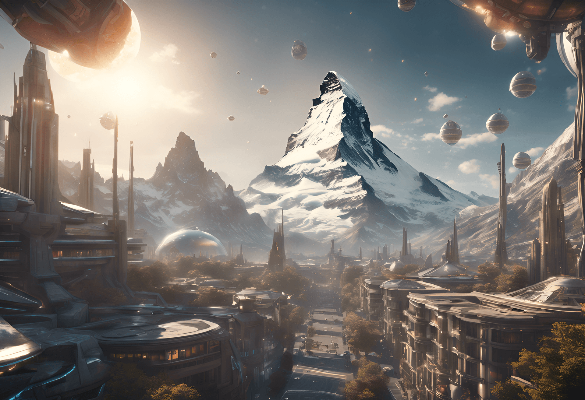 AI generated: RAW, Sci-fi utopian city with Matterhorn in the background, space ships in the sky, sharp focus, ult...