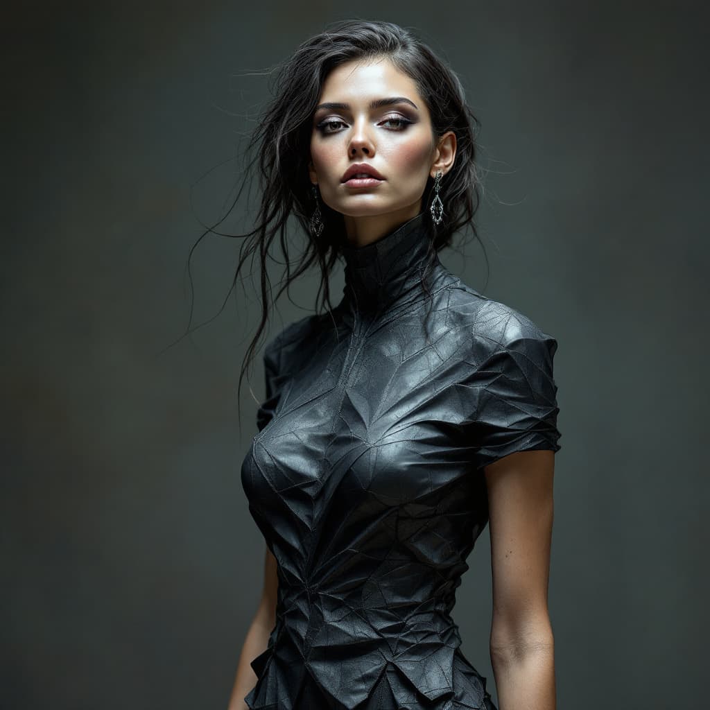 AI generated: with hair and in a modern day dress, she poses, in the style of bronze patina, multilayered texture,...