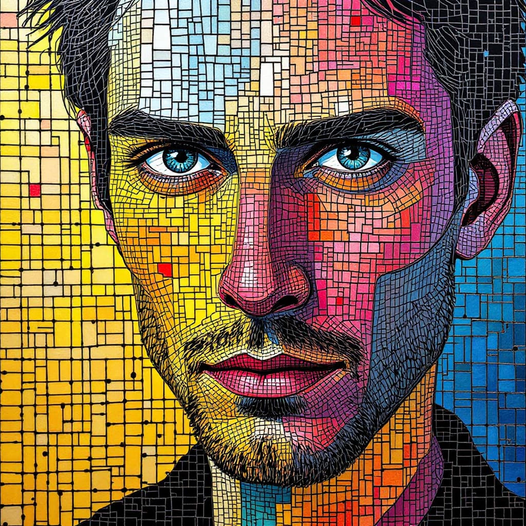 AI generated: illustration, art, man, face, gaze, mosaic, mondrian, consisting random colors, black outline, patte...