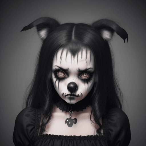 AI generated: Gothic girl dressed as a dog makeup smeared. Looking furious as someone pats her head