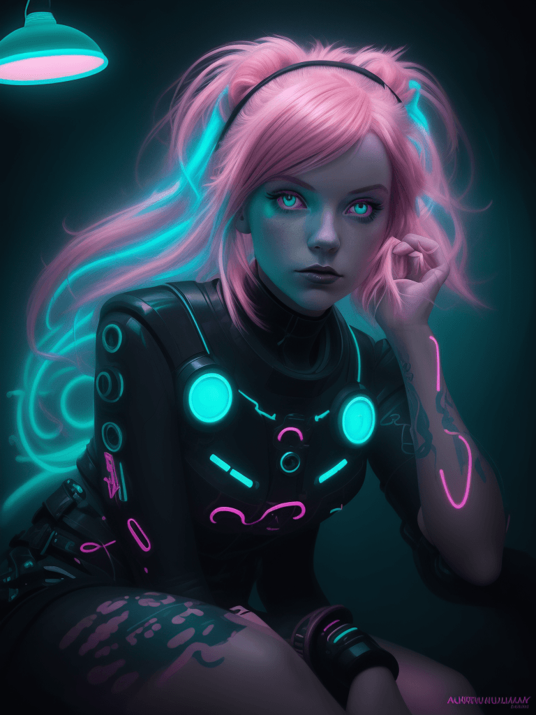 AI generated: close up of a girl with pink hair, sitting in a bright light with a neon lamp, in the style of digit...