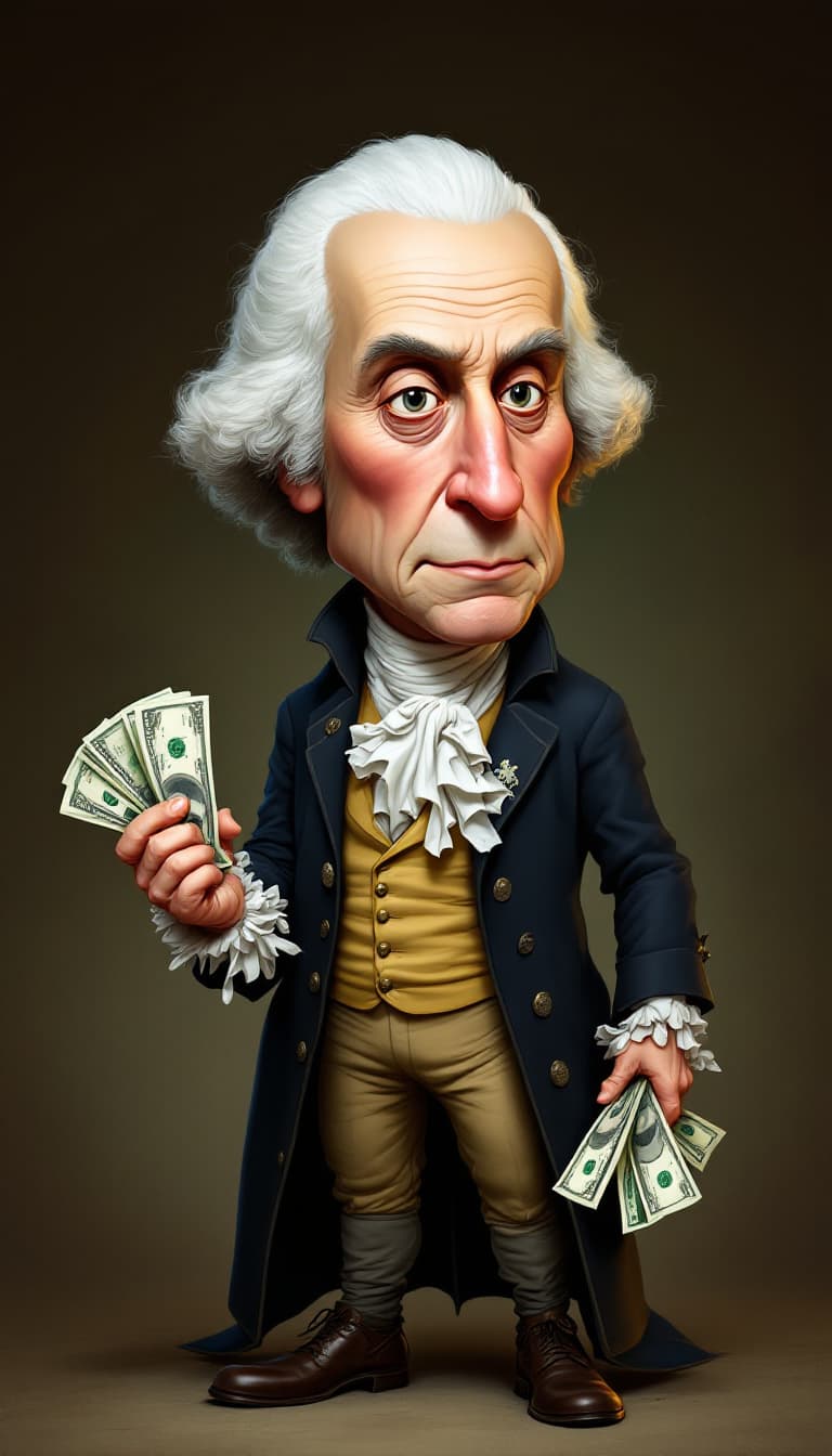 AI generated: Caricature of George Washington, holding dollar bills in his hand in the style of Tiago Hoisel, exag...