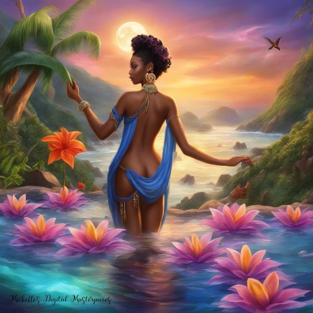 AI generated: 3D exotic African American on a sucluded beach surround, tropical environment, sun with scattered cl...