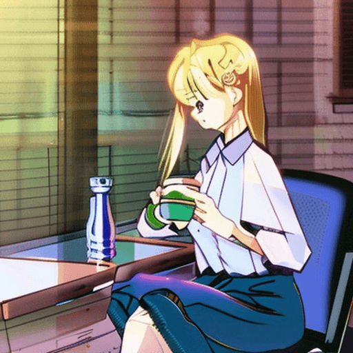 AI generated: Beautiful anime character, sitting at a cafe, drinking tea, golden hour