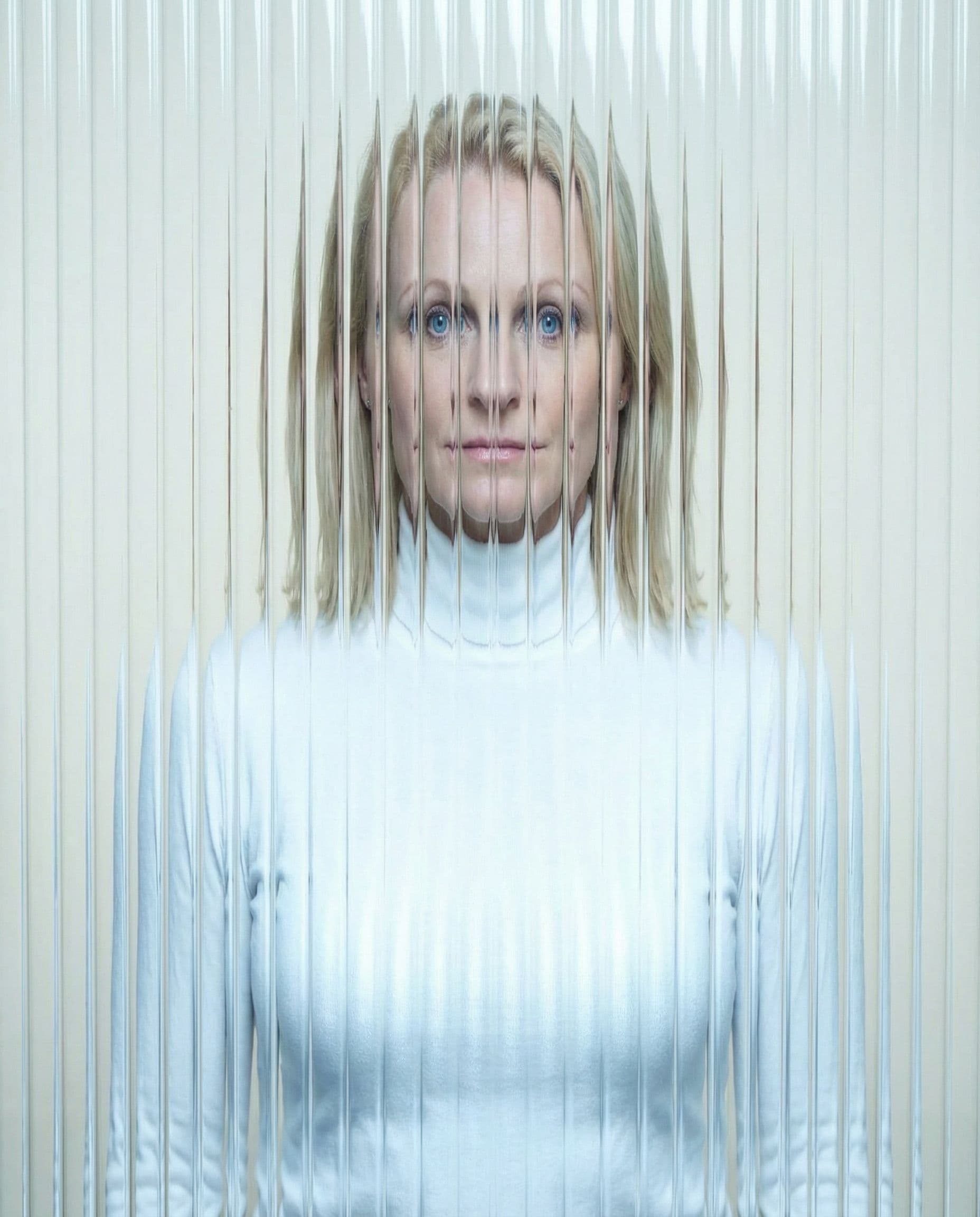 AI generated: high resolution photography, front central profile, woman facing front, gaze to front, wearing a whi...