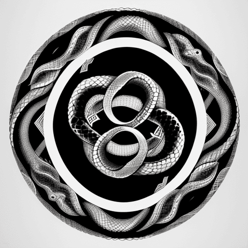 AI generated: black and white engraving of an ouroboros, uroboro, self-eating snake, circle, vintage, ink, white b...
