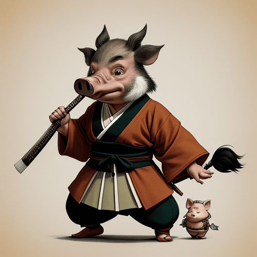 AI generated: artwork by Stan Sakai, anthropomorphic wild pig, samurai, 

