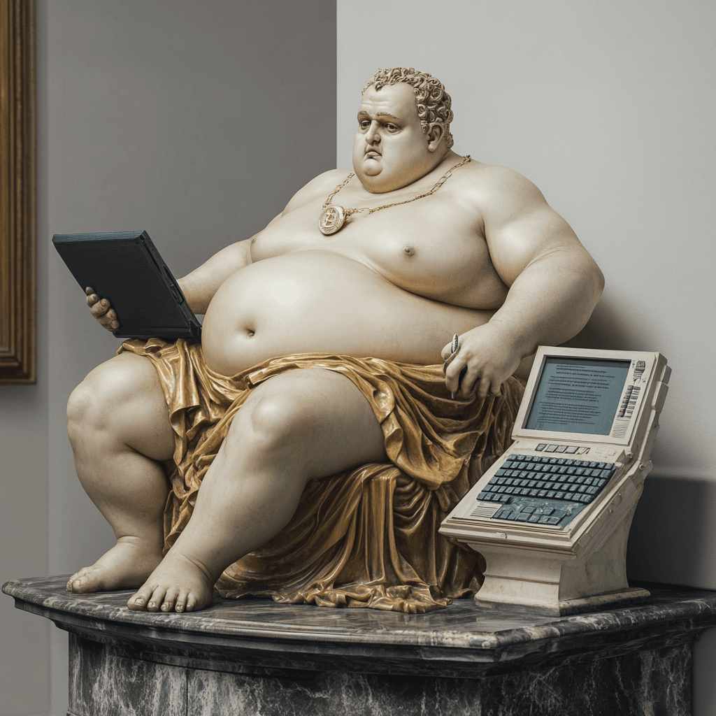 AI generated: 
Hyper realistic statue in a modern art museum of a fat man investing in crypto on his computer

