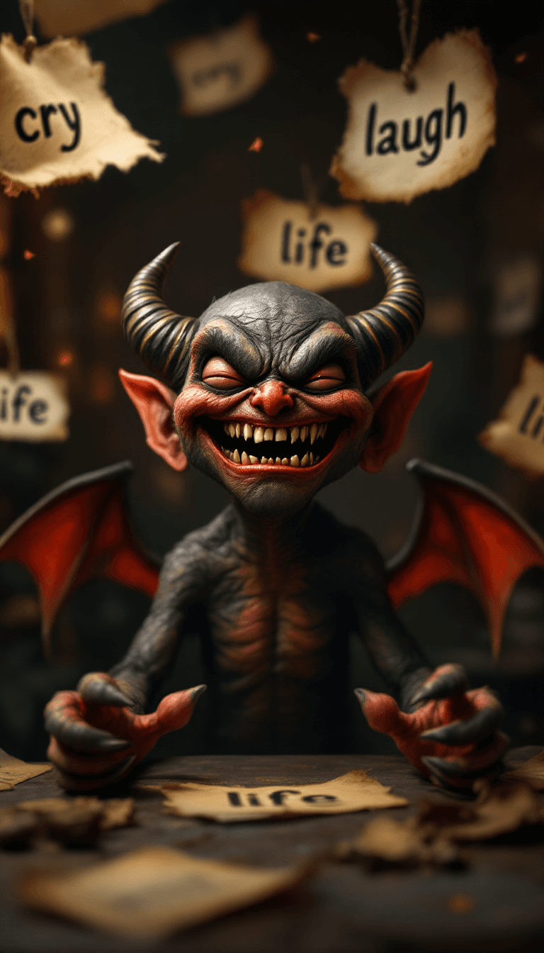 AI generated: A cute sinister devil character laughing in beasty mood,at background flying vintage papers,on each ...