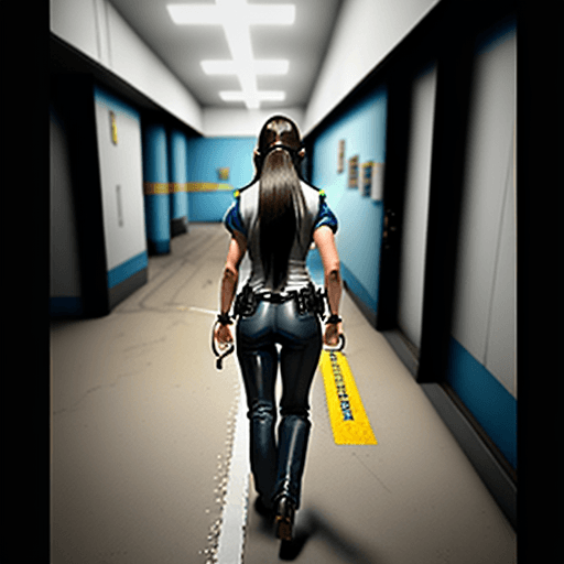 AI generated: woman getting arrested, beautiful, long dark hair, walking away, hands handcuffed in metal police ha...