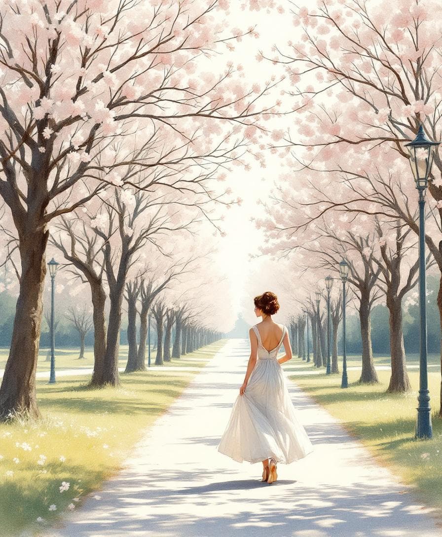 AI generated: Elegant woman walking down a sun-dappled avenue lined with blooming cherry trees, vintage fashion il...