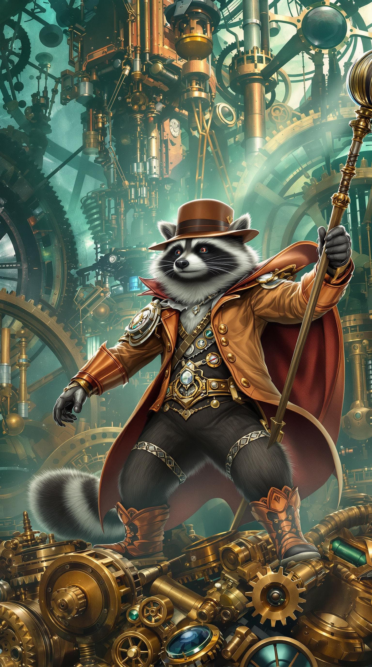 AI generated: A noble racoon detective as a heroic figure, set against a backdrop of Industrial Revolution-era mac...