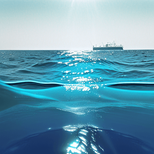 AI generated: view from the water surface of an empty ocean at midday with no waves, a distant angled horizon, and...