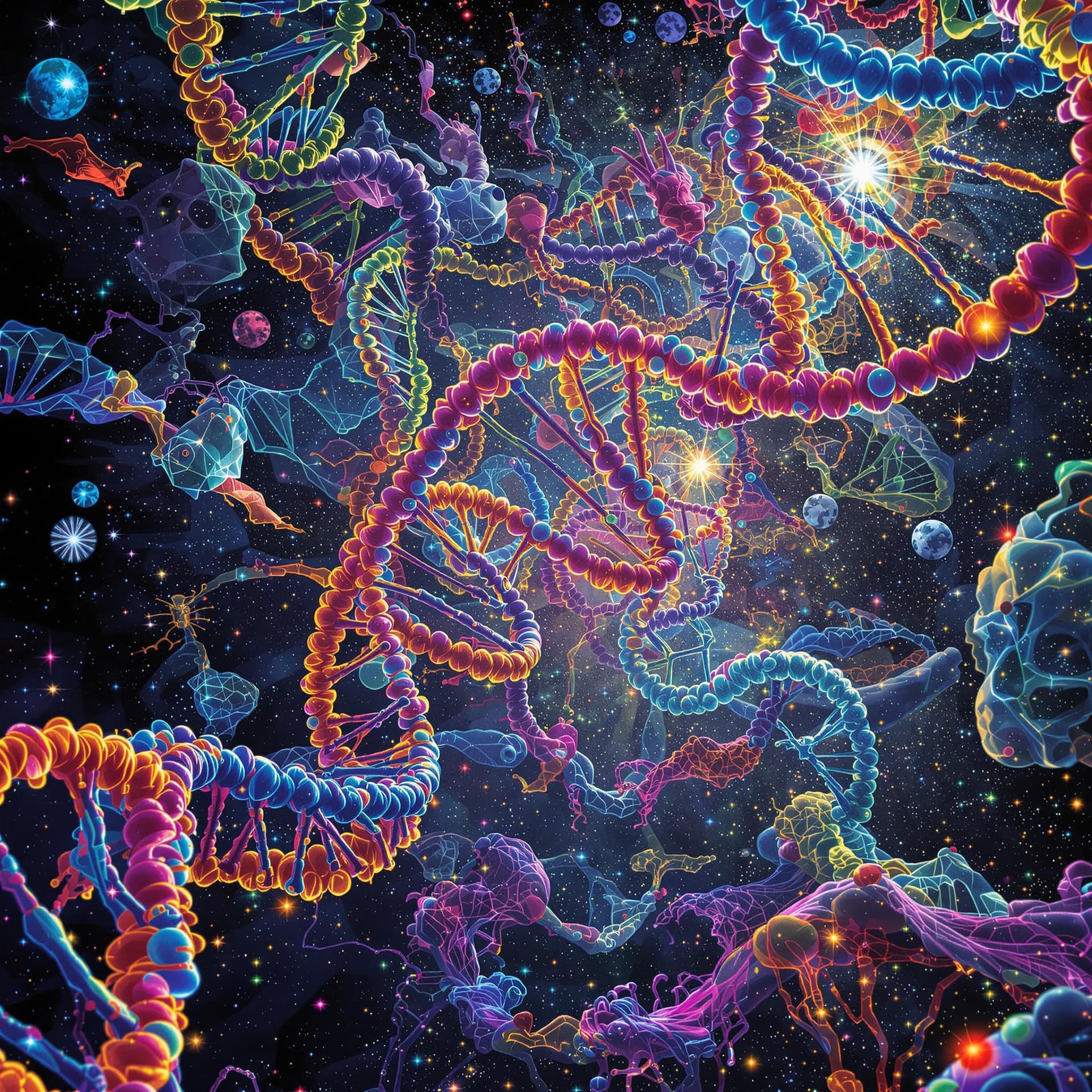 AI generated: An LSD trip inside your DNA revealing all the people that made up you. High definition, Trippy, surr...