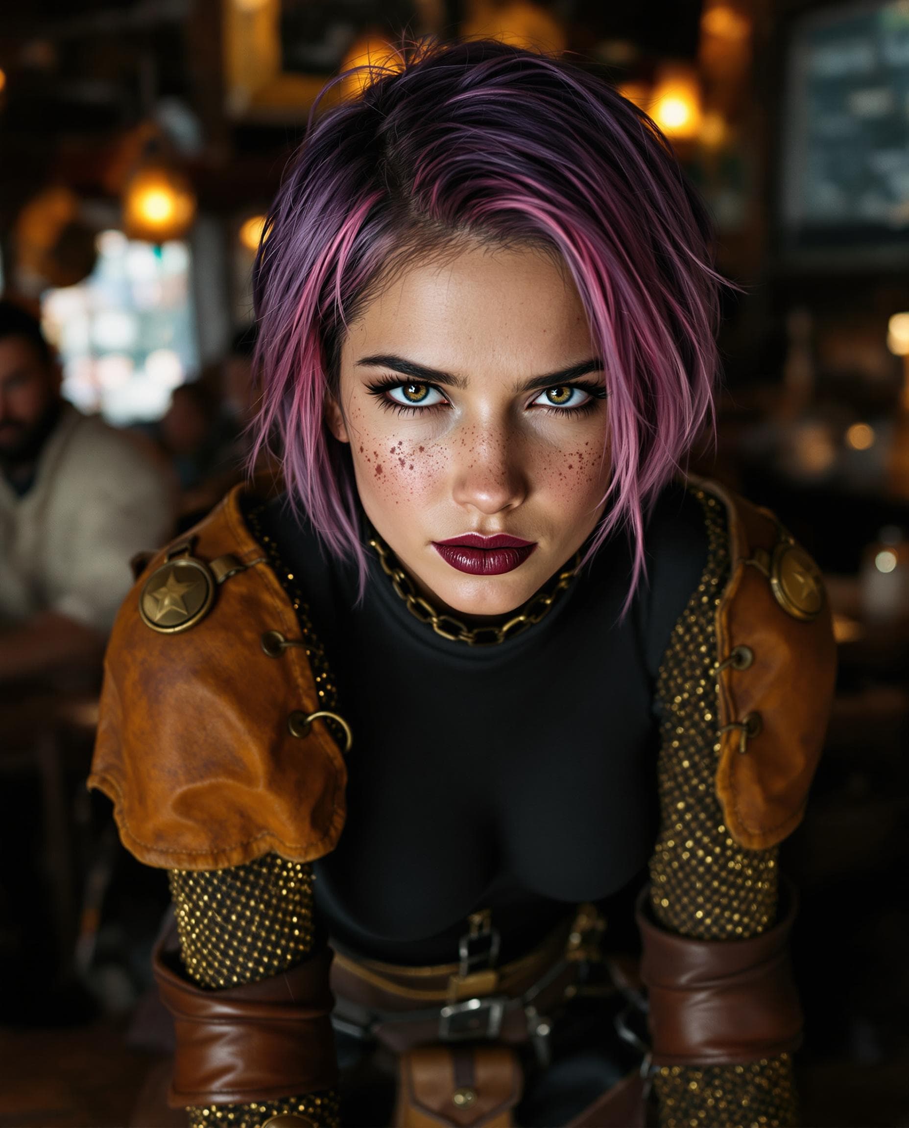 AI generated: It is D&D world, dynamic pose, girl, she is looking up at the camera, eyes squinted, dark lipstick, ...