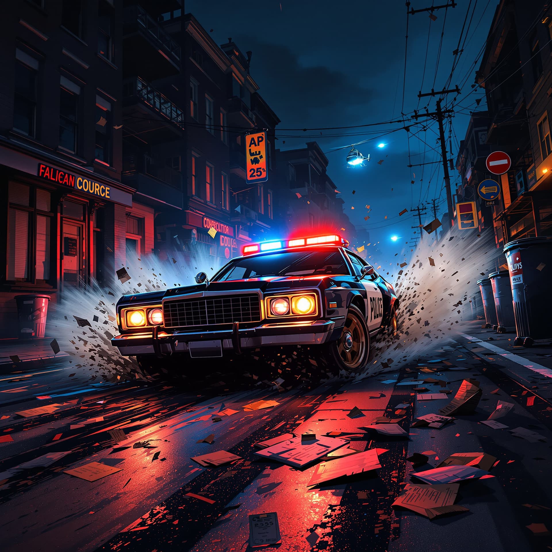 AI generated: a crazy looking cop car with it's patrol lights casting red and blue colors is  DRIVING AT FULL SPEE...