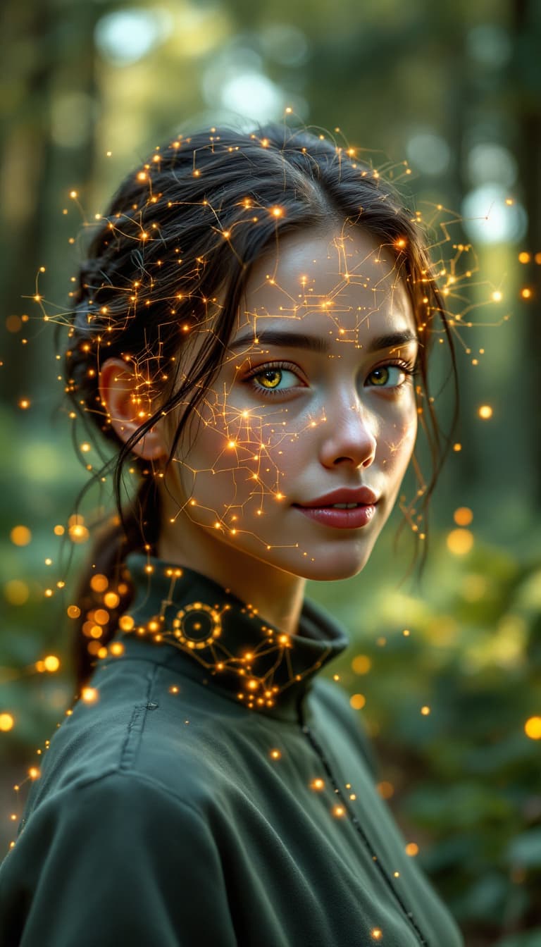AI generated: A hyperrealistic white woman walks toward us, facing the camera, along a very realistic forest trail...