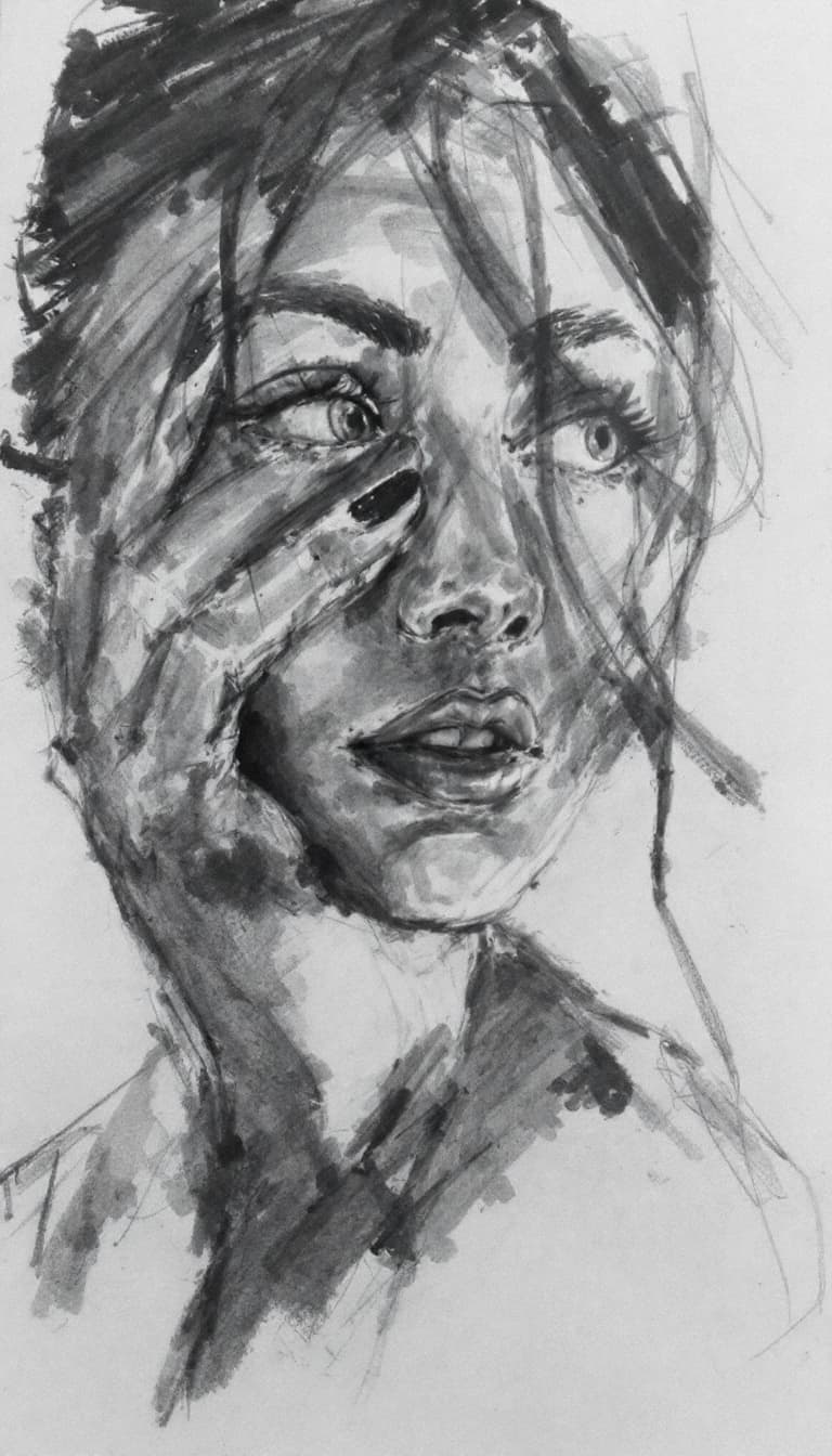 AI generated: Girl, charcoal sketch, wondering, 