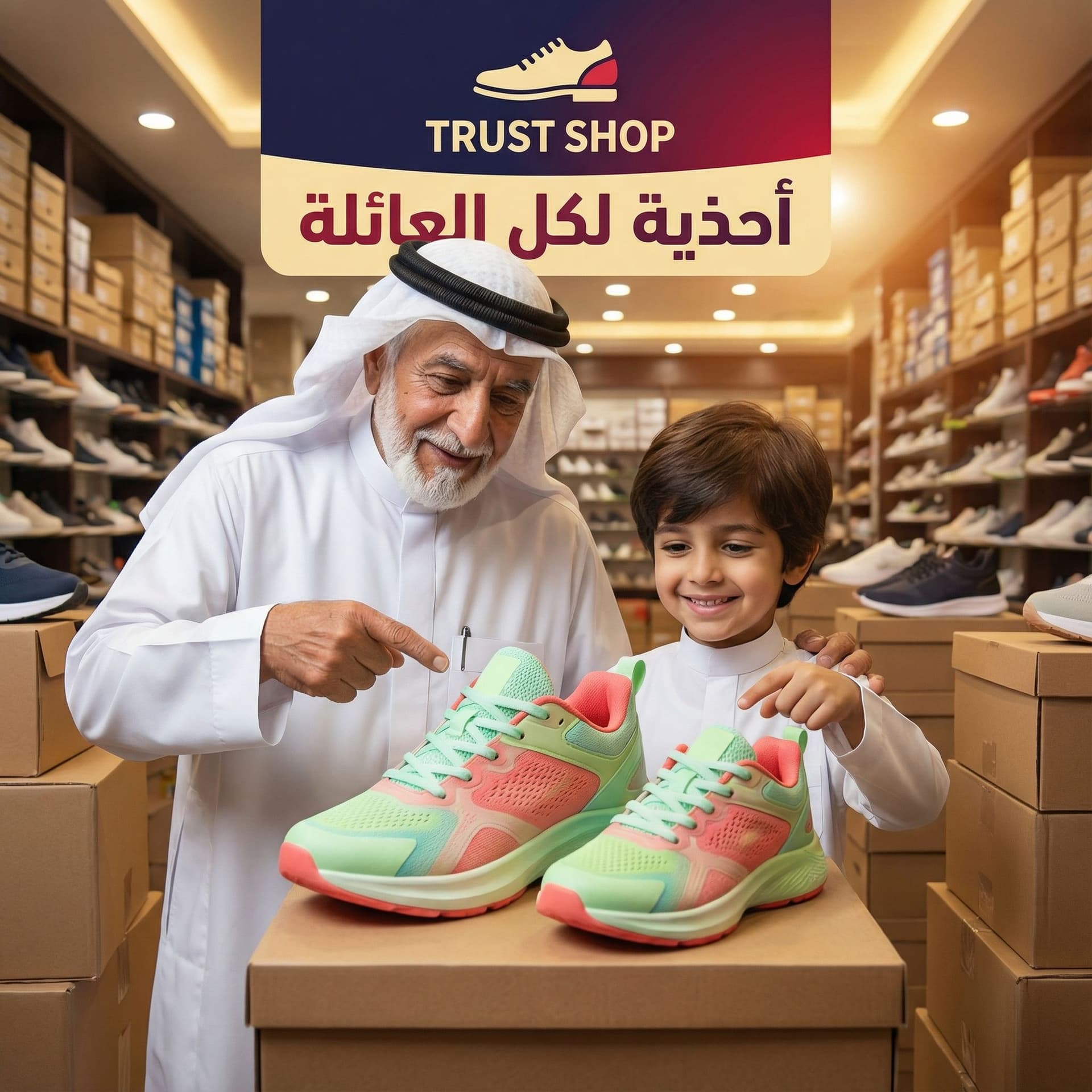 AI generated: حذاء كبير وبجانبه حذاء اصغر الالوان الاخضر الفاتح والاحمر الفاتح شيخ وطفل اسم المتجر trust shop