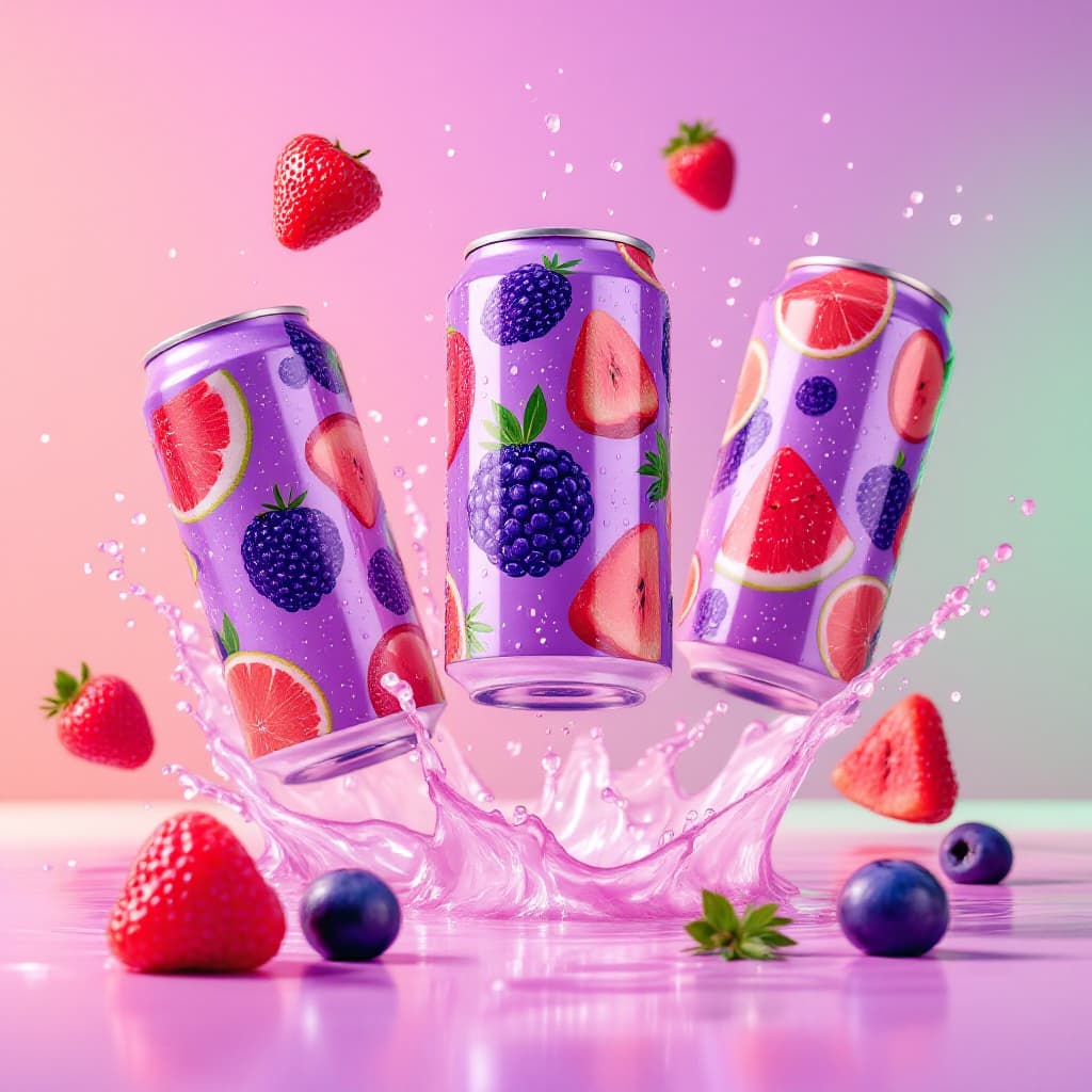 AI generated: three refreshingly cold cans positioned against a pastel purple red and green sunset gradient backgr...