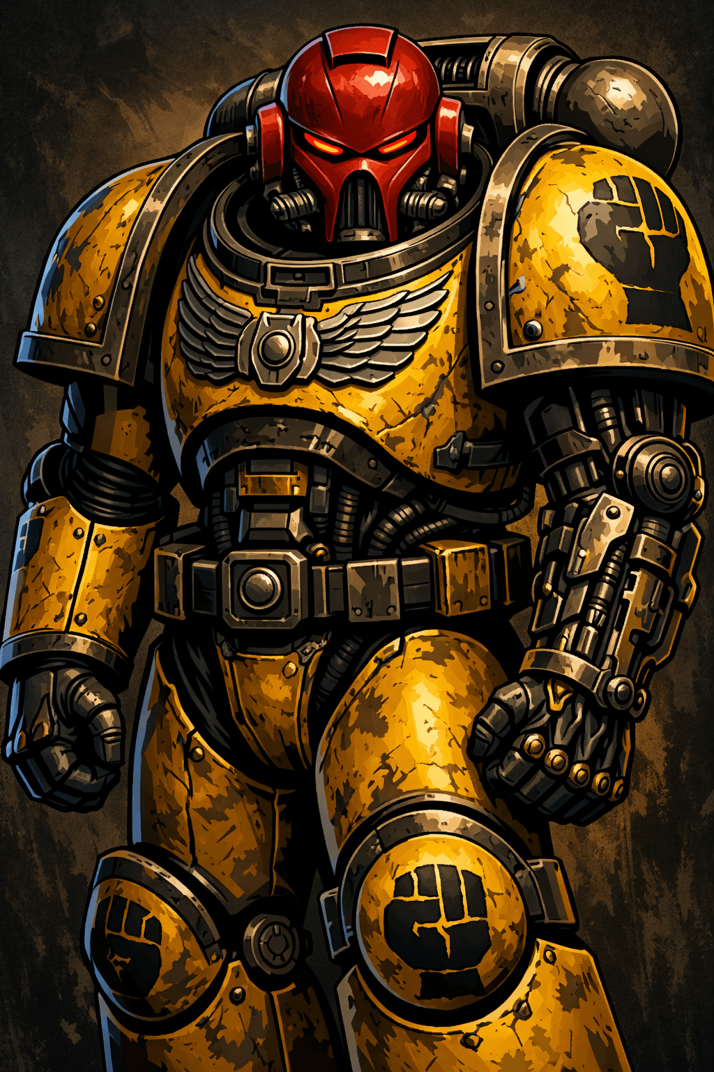AI generated: Create a hyper-detailed illustration of an Iron Fists Space Warrior in grimdark style.The warrior we...