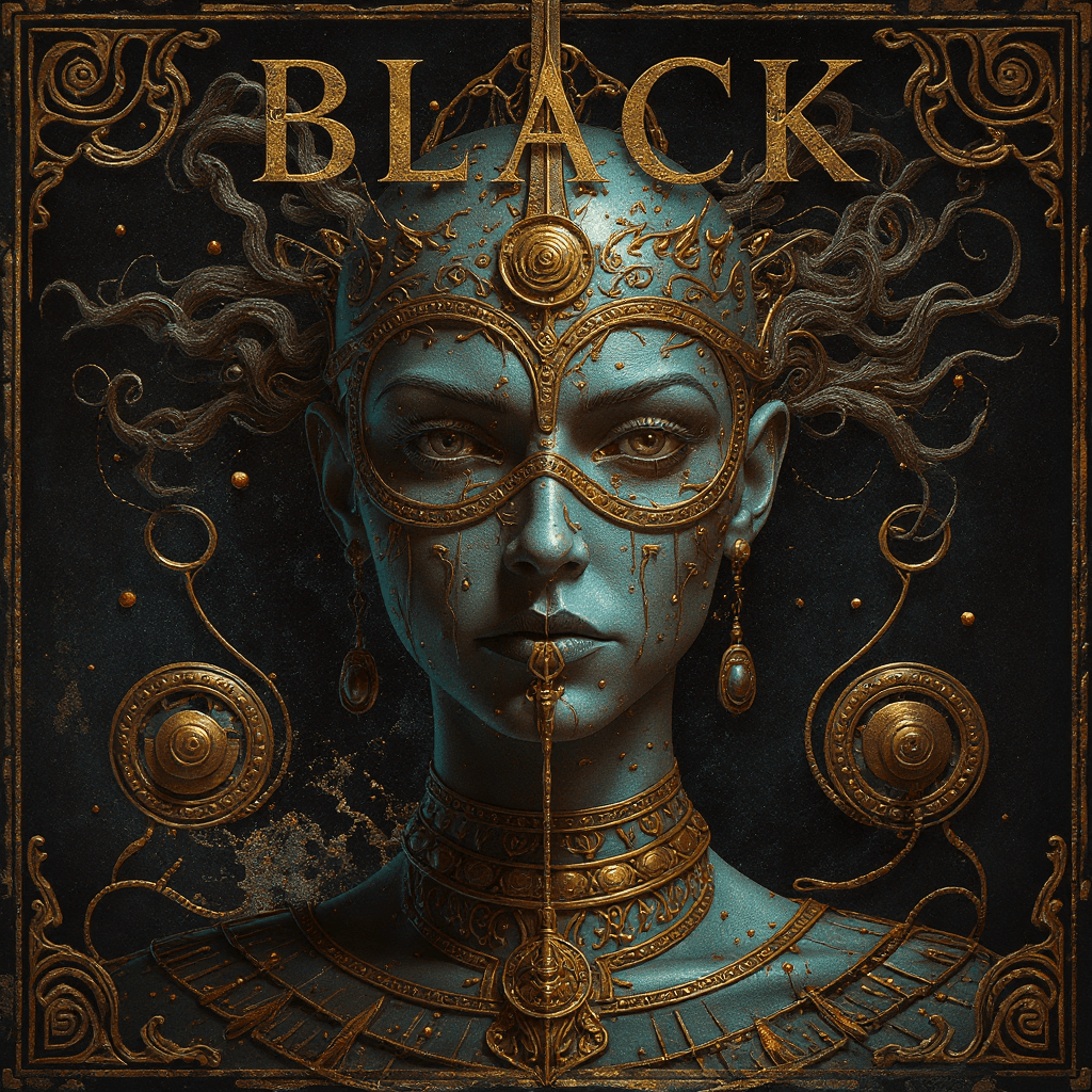AI generated: the cover of the book 'black', in the style of intricate collage, dark gold and white, ancient art, ...