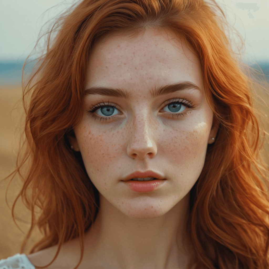 AI generated: a woman with freckled skin is photographing her face, in the style of dmitry kustanovich, delicate m...