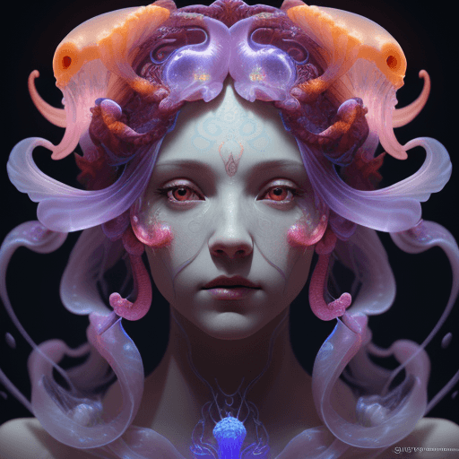 AI generated: Goddess close-up portrait ribcagel. jellyfish phoenix head, nautilus, orchid, skull, betta fish, bio...