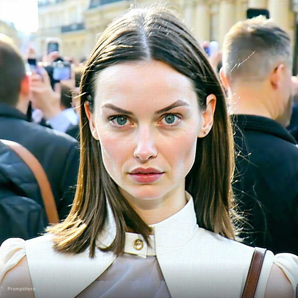 AI generated: Paparazzi-style extreme close-up photo of a woman with striking facial features, caught off-guard wh...