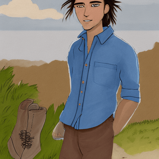 AI generated: A nonbinay person with brown hair and blue eyes looking at the camera. Wearing a loose linen shirt, ...